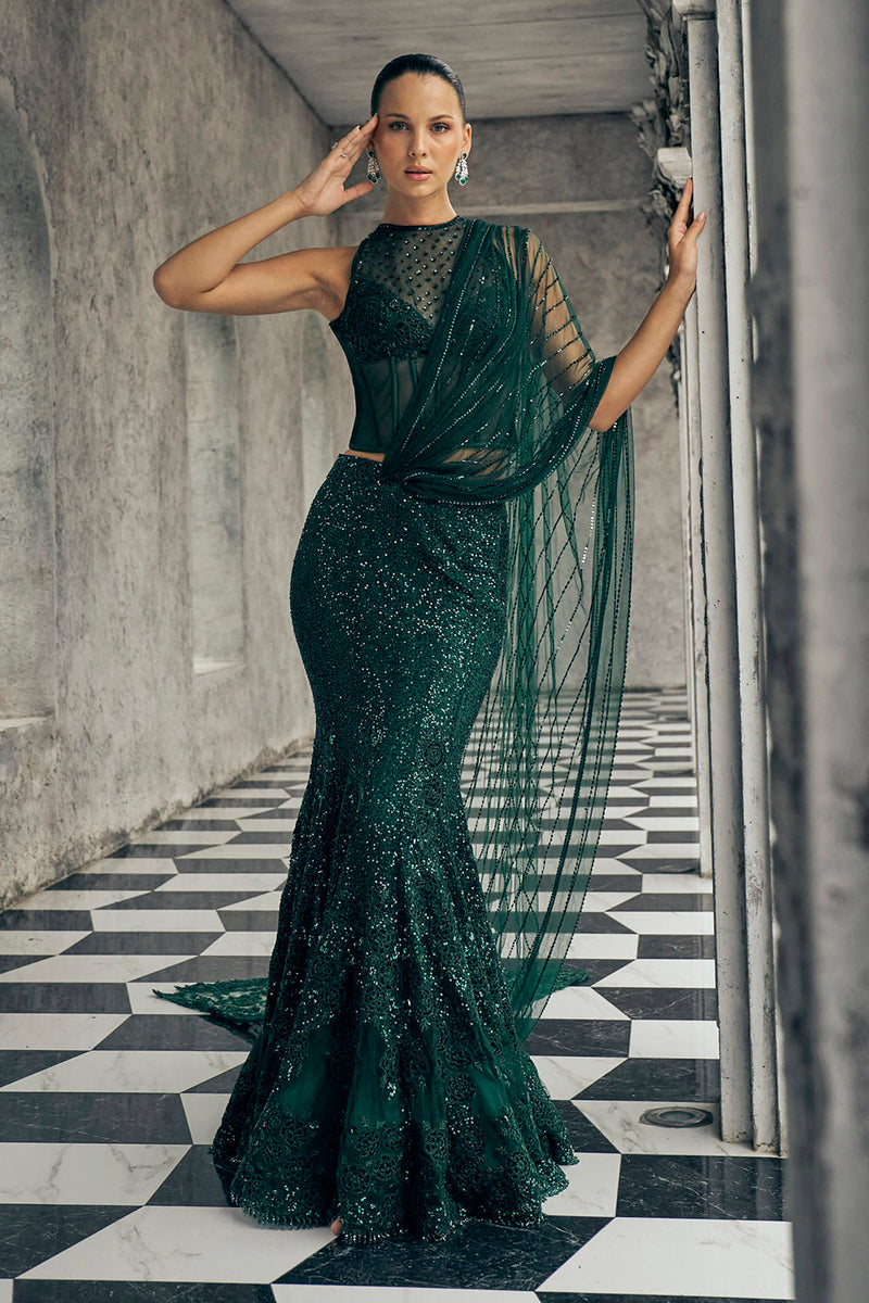 Bottle green fishcut drape saree