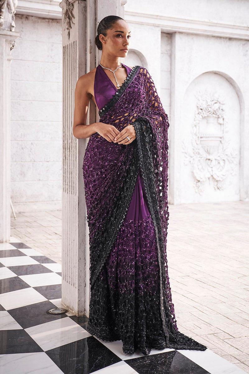 Wine to black ombre cutwork saree