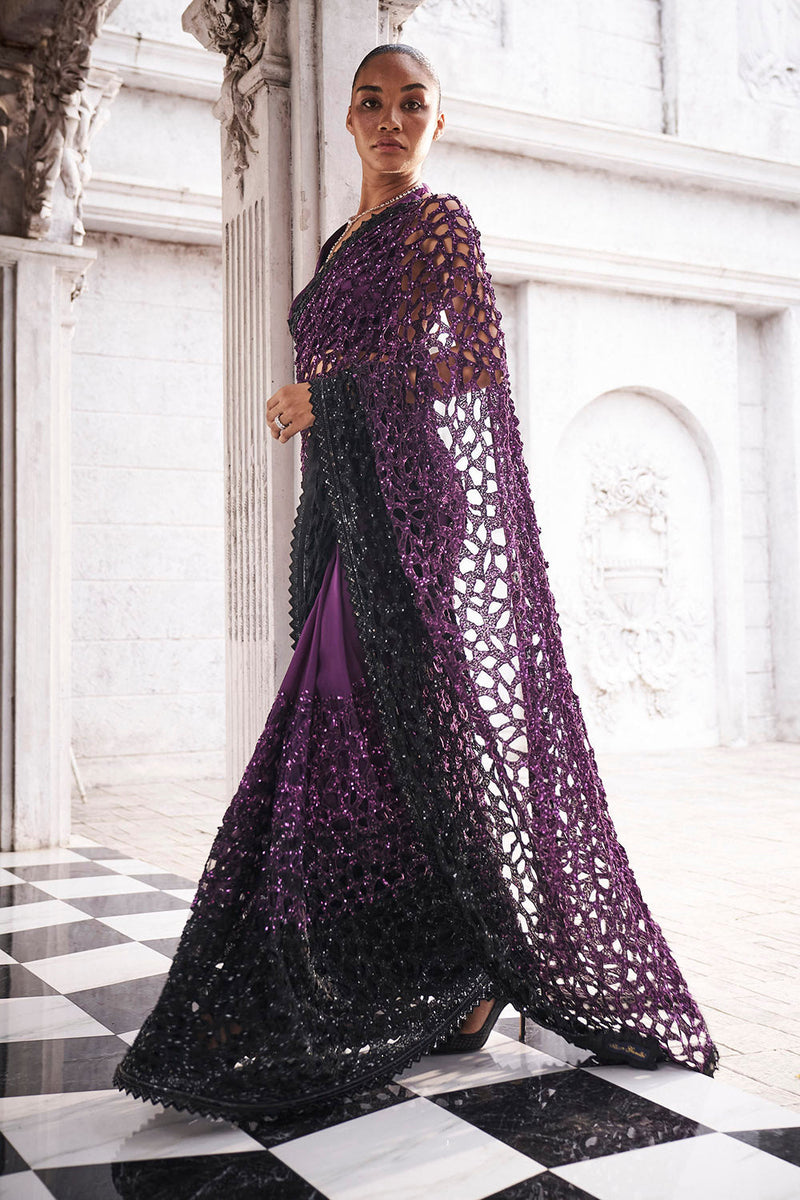 Wine to black ombre cutwork saree