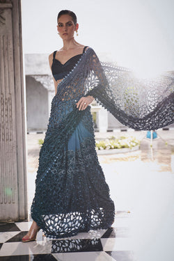 Blue ombre cutwork saree