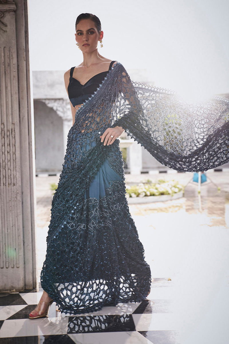 Blue ombre cutwork saree
