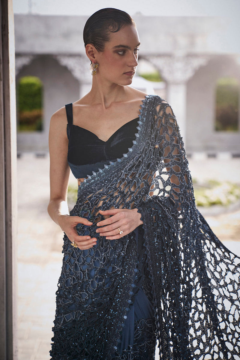 Blue ombre cutwork saree