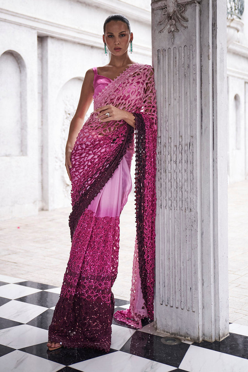 Pink to wine ombre saree