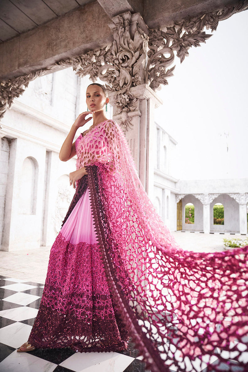 Pink to wine ombre saree