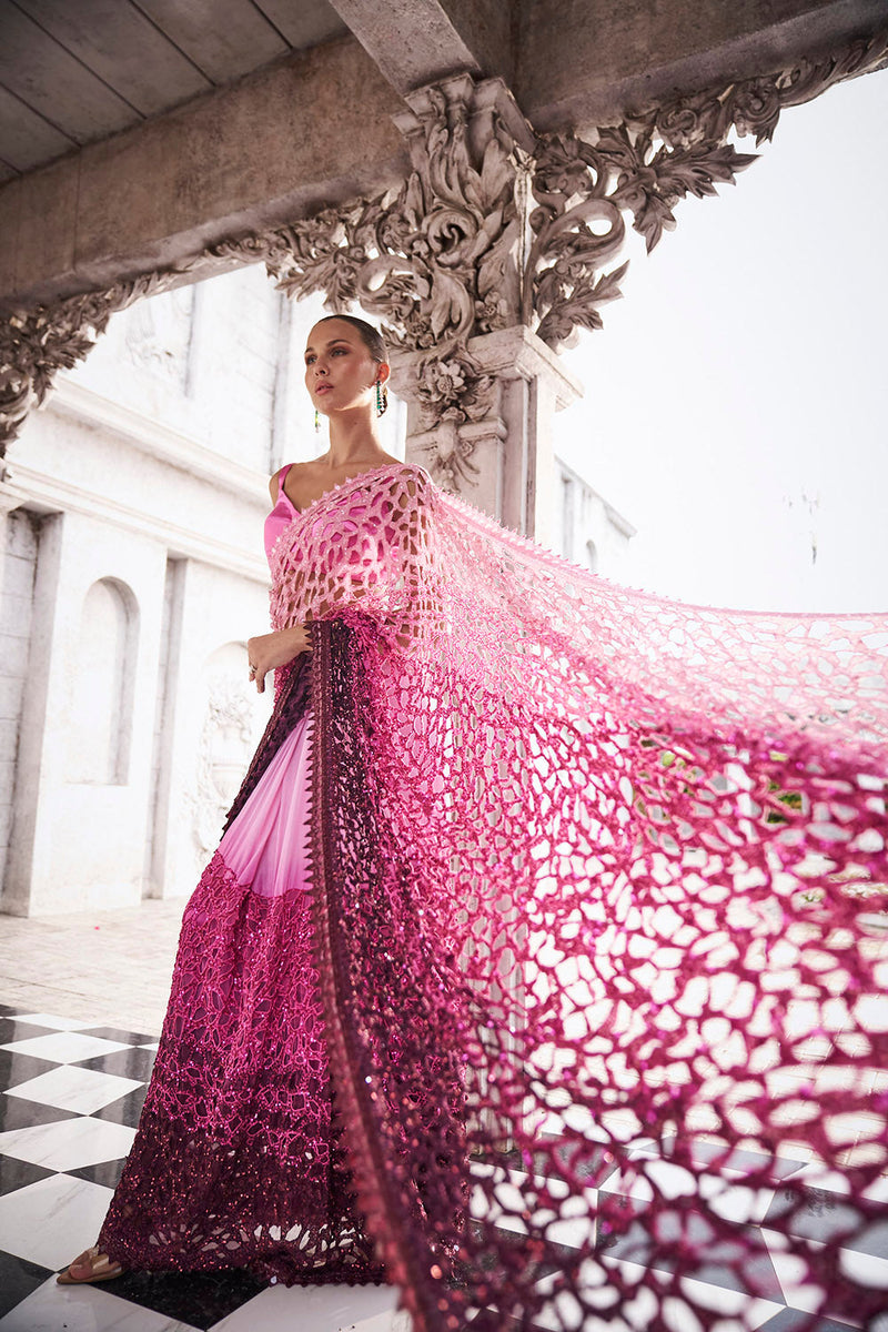 Pink to wine ombre saree