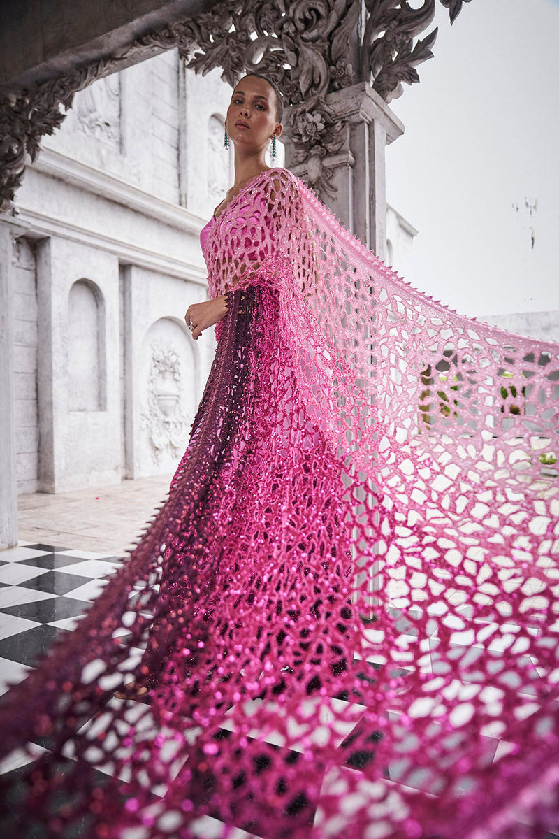 Pink to wine ombre saree