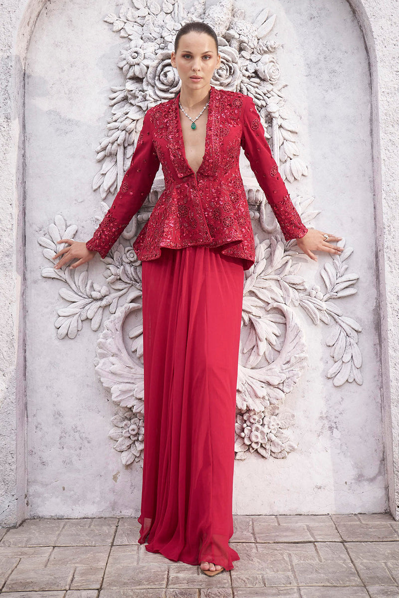 Red appliqué work peplum set