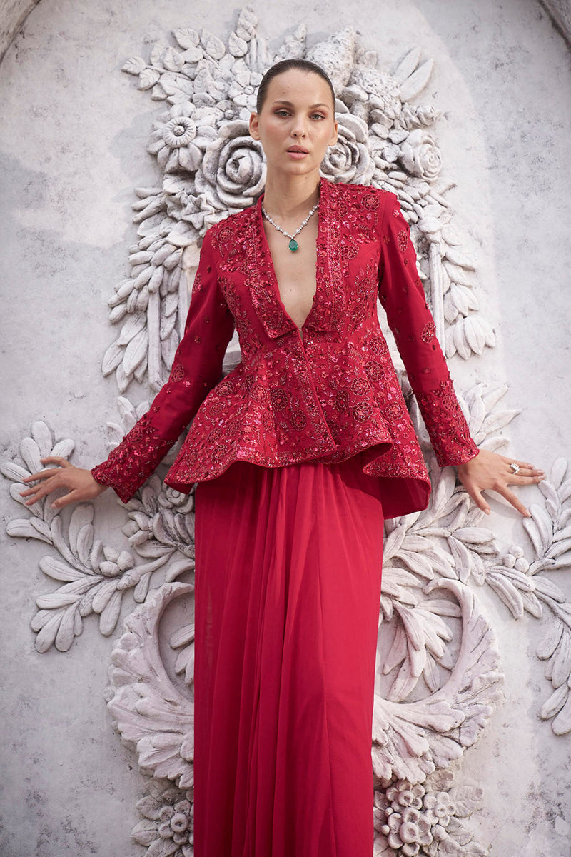 Red appliqué work peplum set