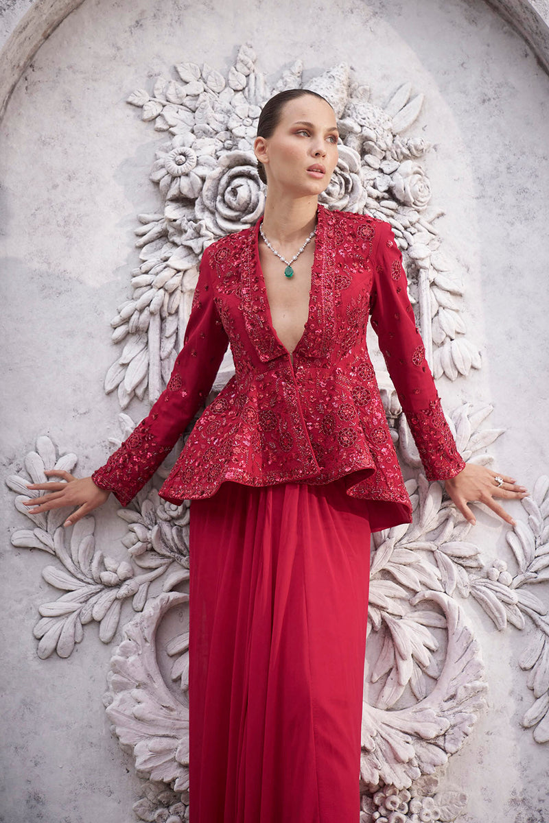 Red appliqué work peplum set