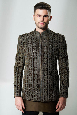 Coffee brown velvet bandhgala floral lines