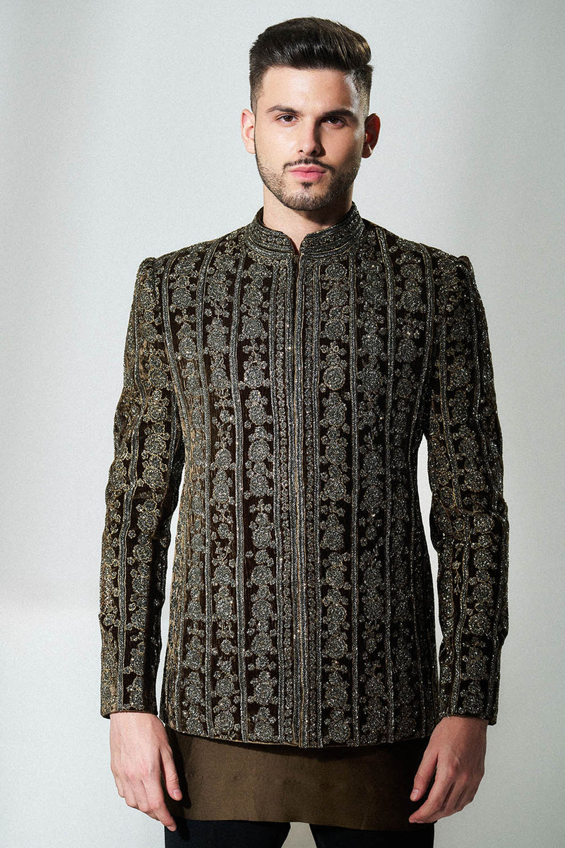 Coffee brown velvet bandhgala floral lines