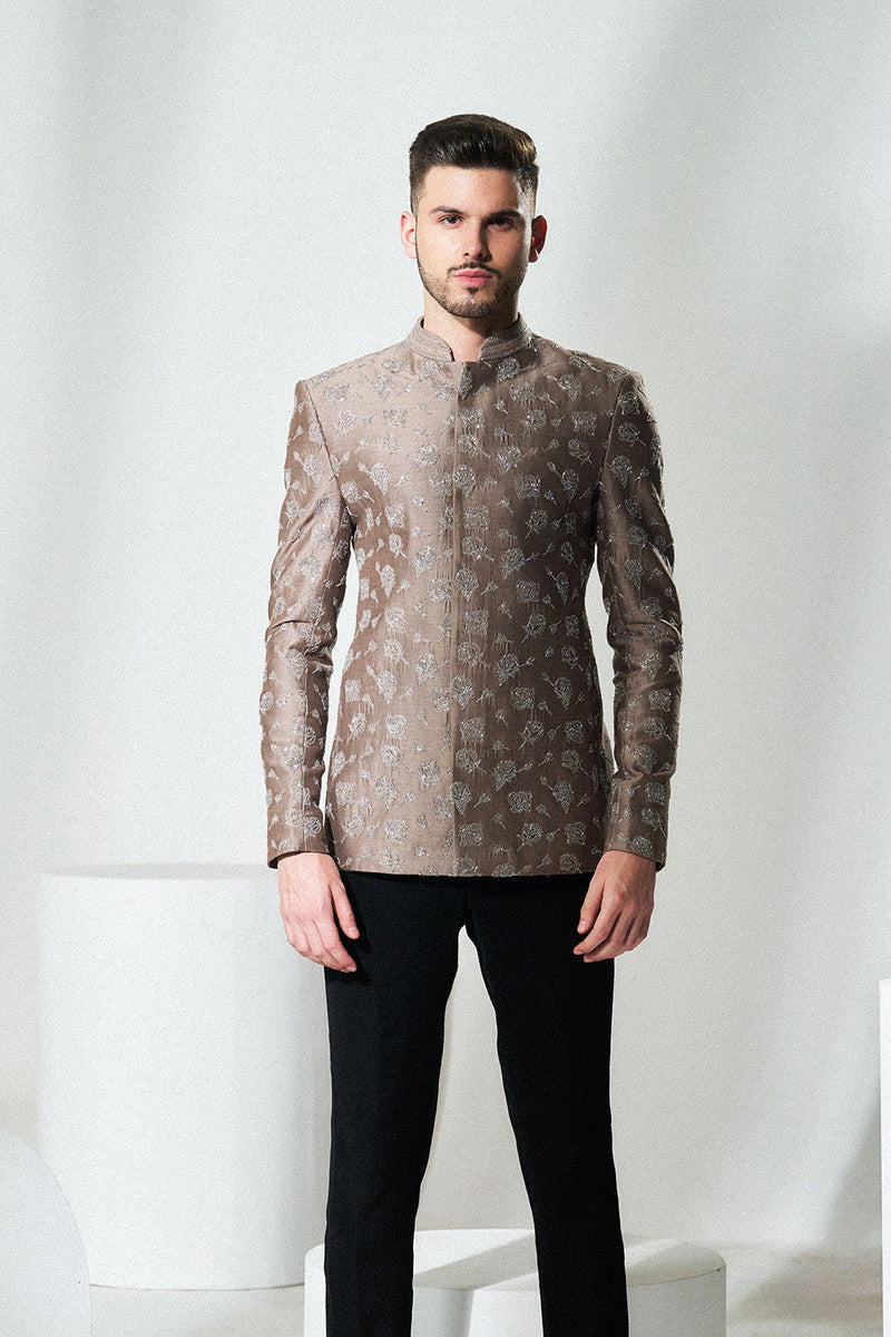 Taupe rosework bandhgala