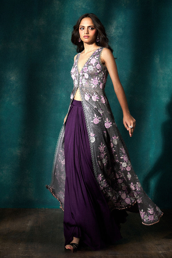 Grey sequins cape with applique work