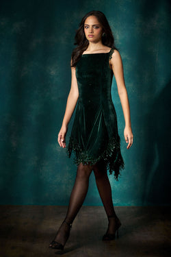 Bottle green dress with tassels