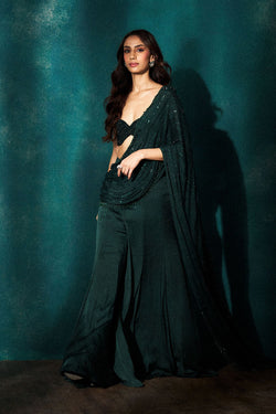 Bottle green sharara drape set