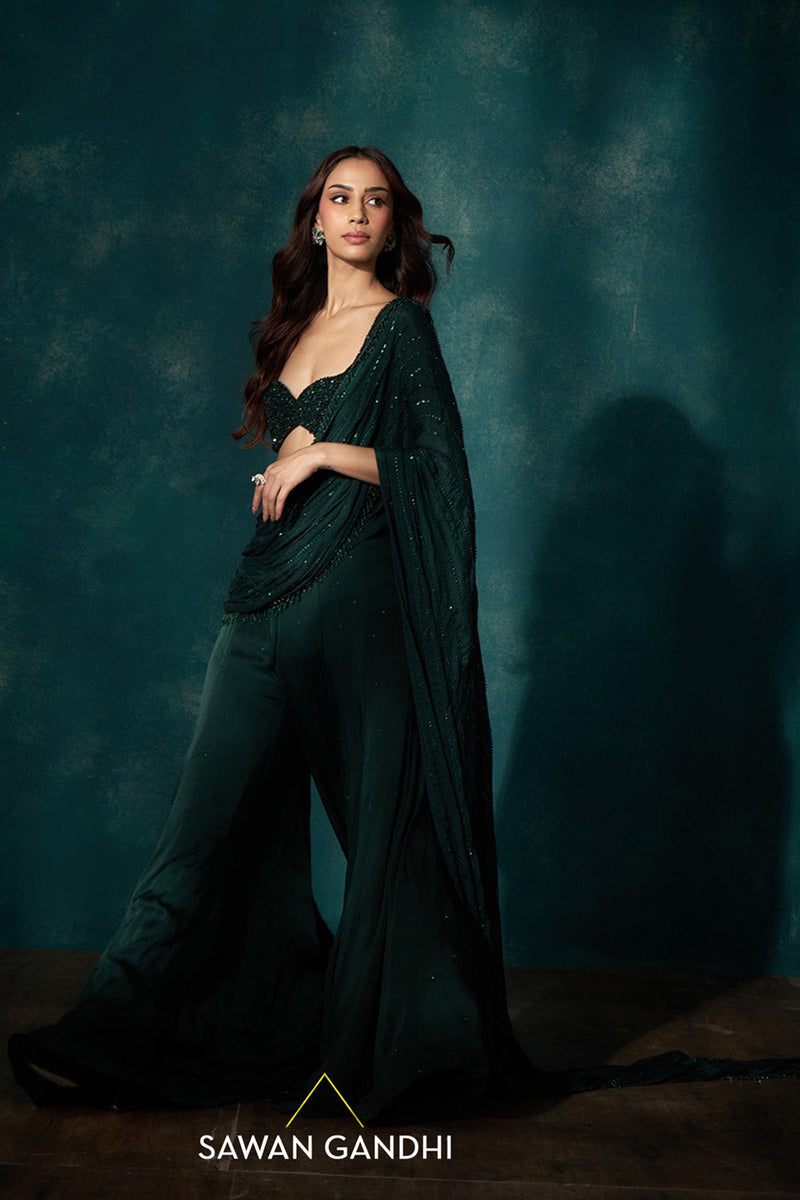 Bottle green sharara drape set