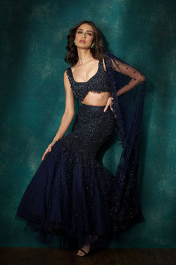 Midnight blue crystal work fishcut lehenga