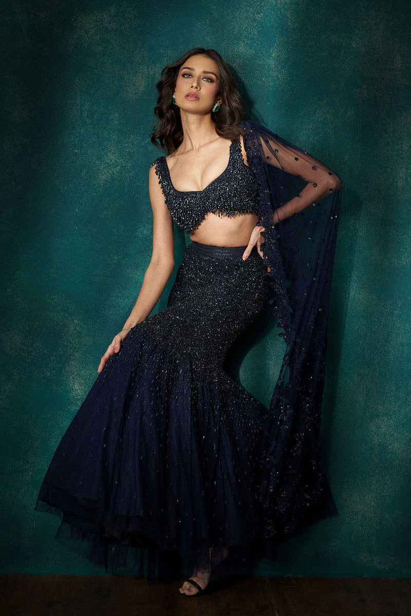 Midnight blue crystal work fishcut lehenga
