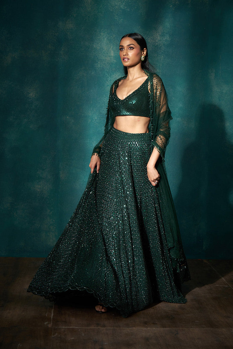 Bottle green cutdana sequins lehenga