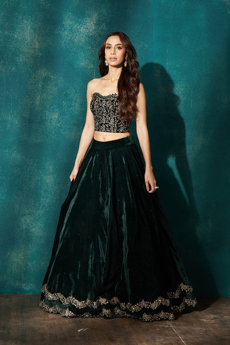 Green velvet corset lehenga