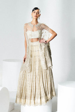 Beige sequins mirror work lehenga with cape