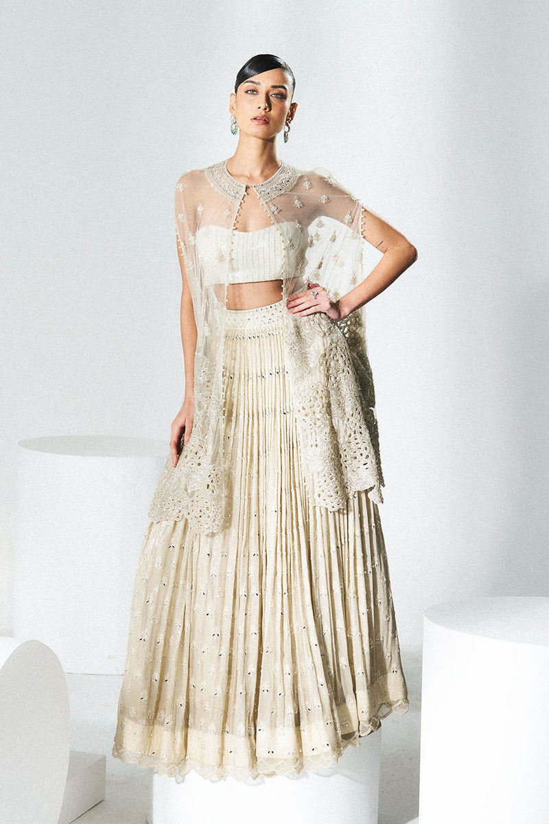 Beige sequins mirror work lehenga with cape