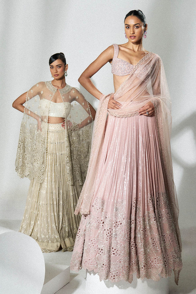 Beige sequins mirror work lehenga with cape
