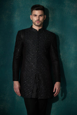 Black chikankari sherwani