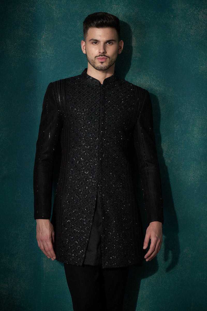 Black chikankari sherwani