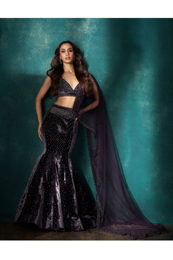 Purple fishcut velvet lehenga