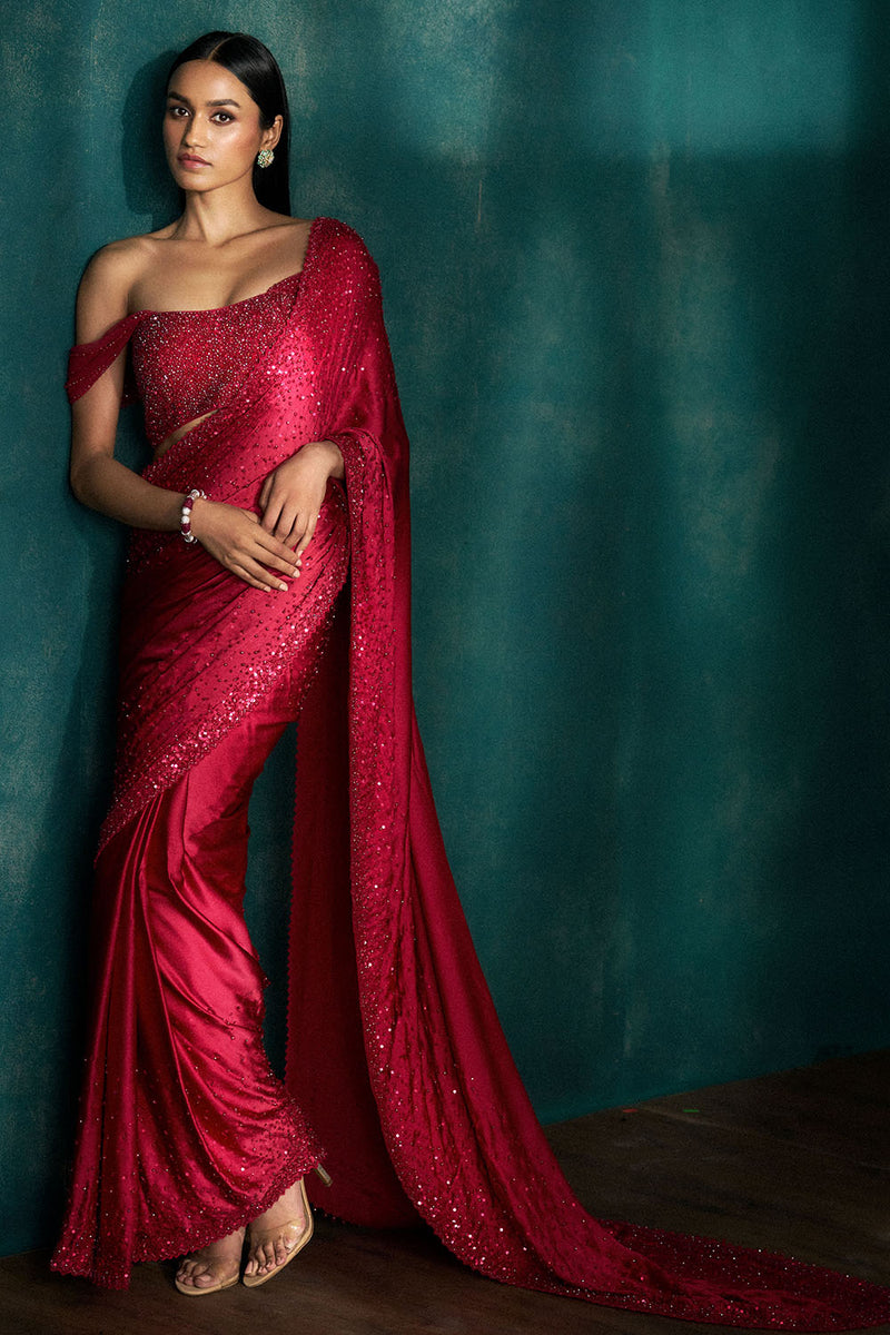 Red sequins saree