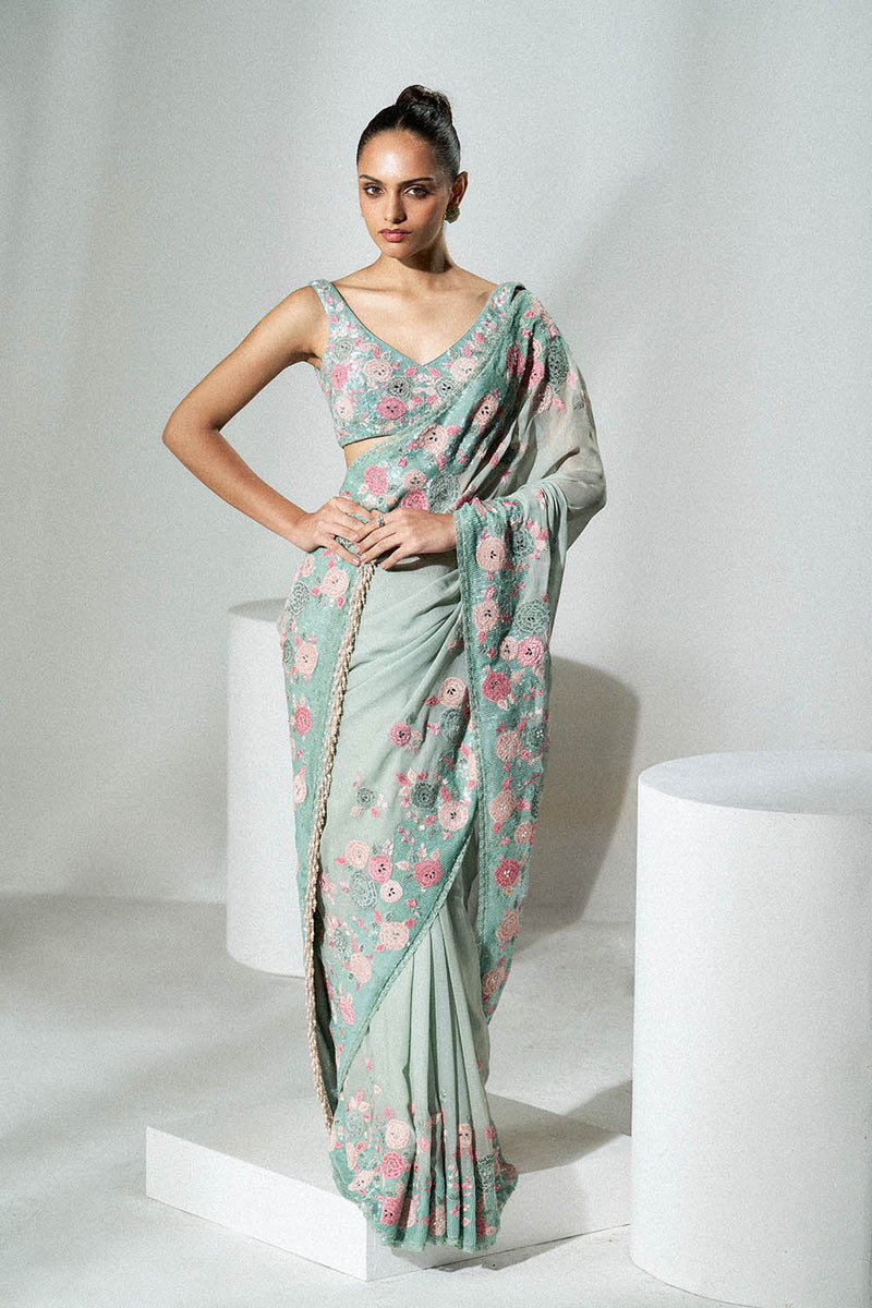 Sage green applique work saree