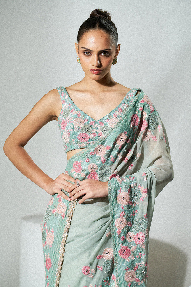 Sage green applique work saree