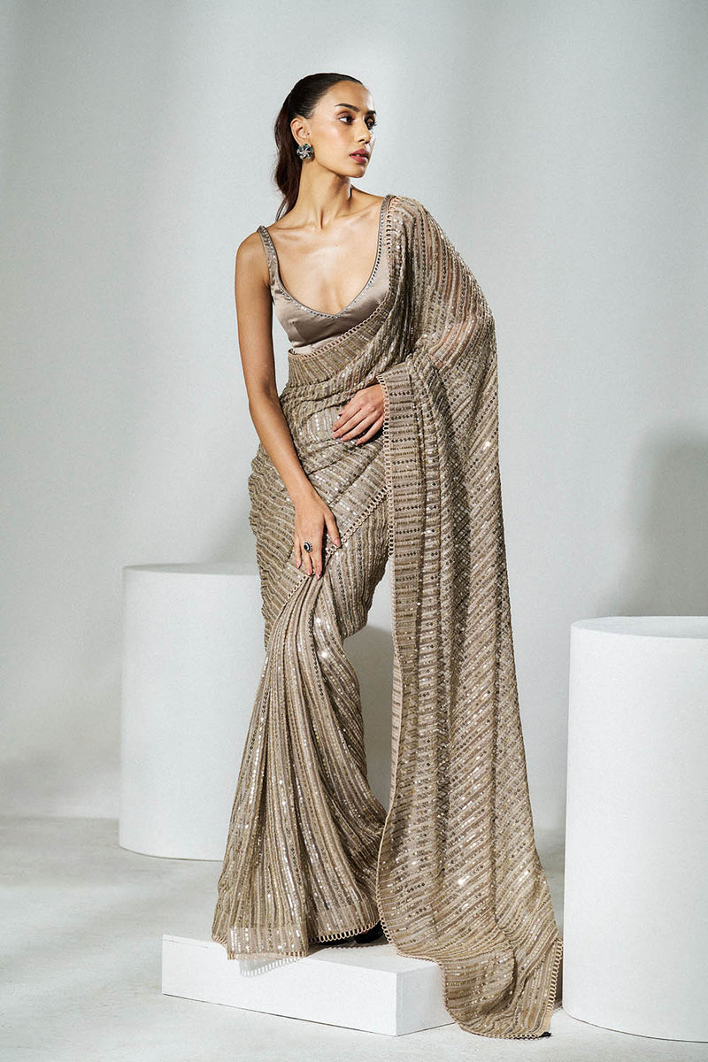 Taupe sequins saree