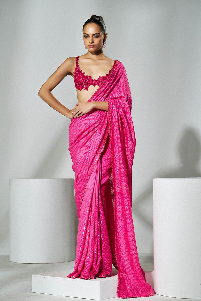 Fuchsia pink saree