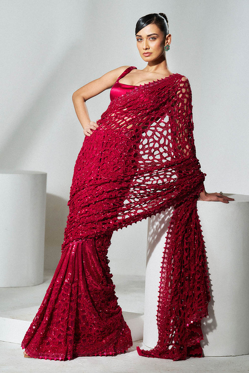 Ruby red cutwork saree