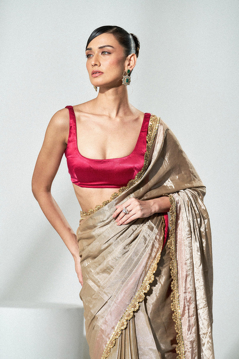 Champagne silver tissue saree