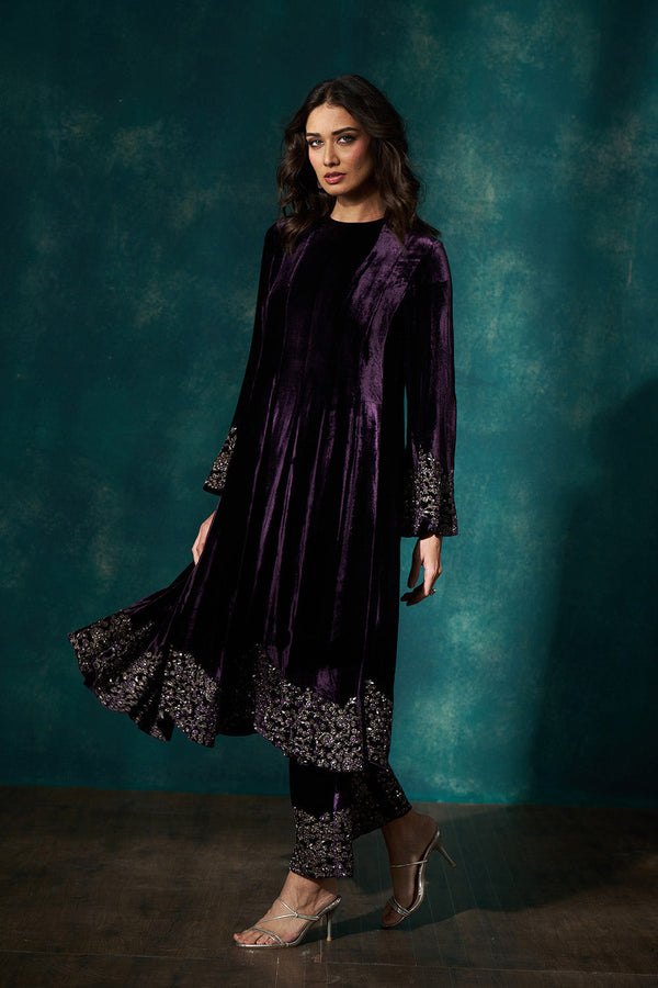 Wine velvet short anarkali