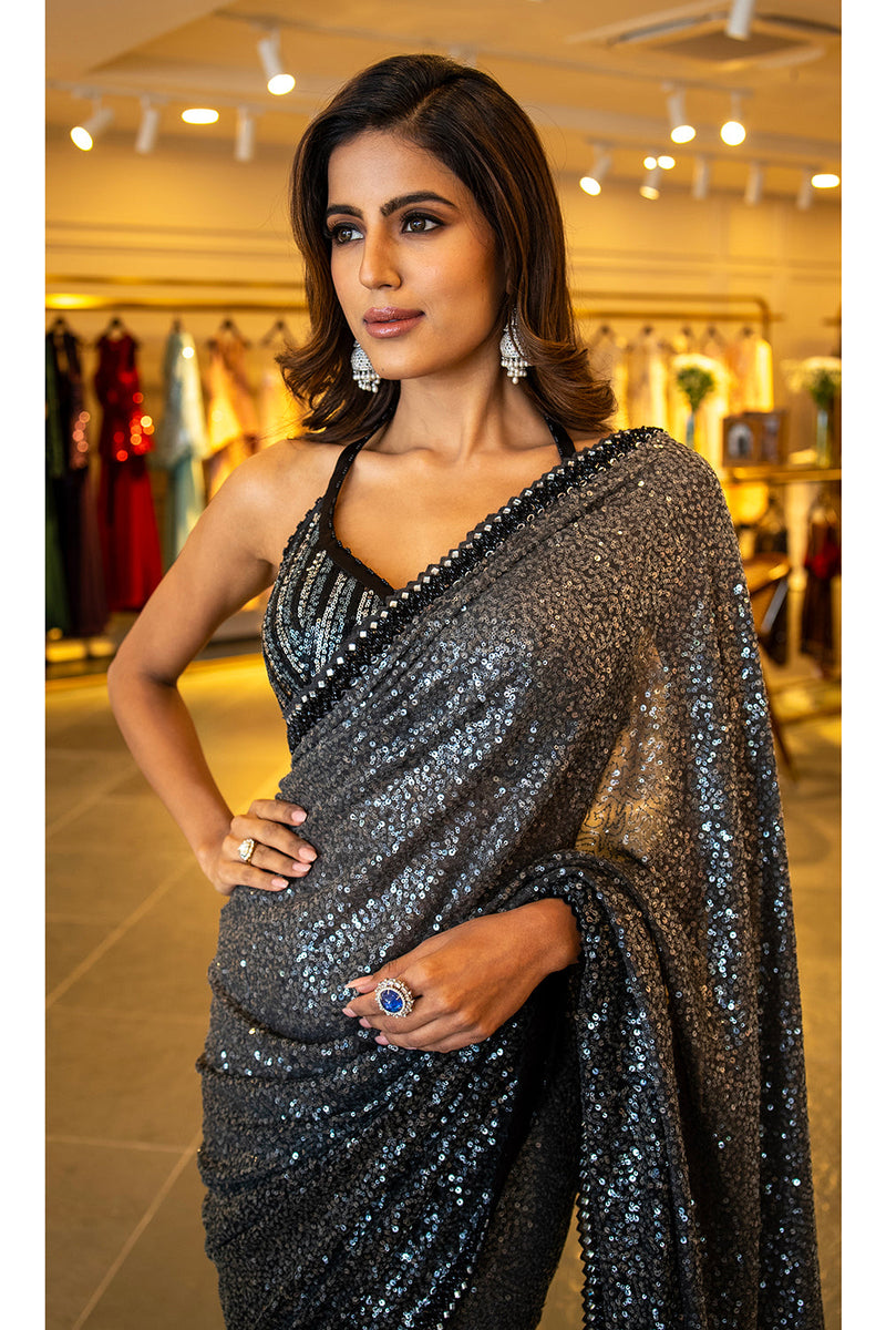 Grey to Black ombre sequins saree