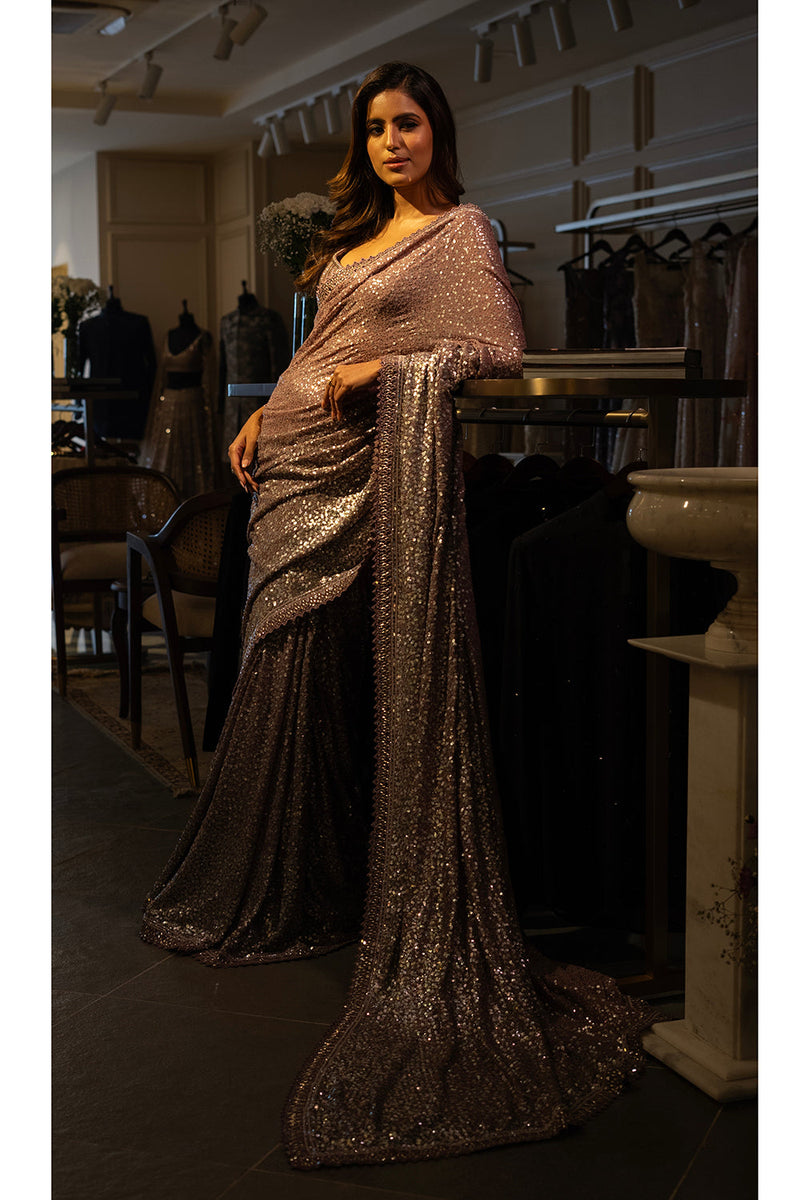 Mauve silver sequins saree