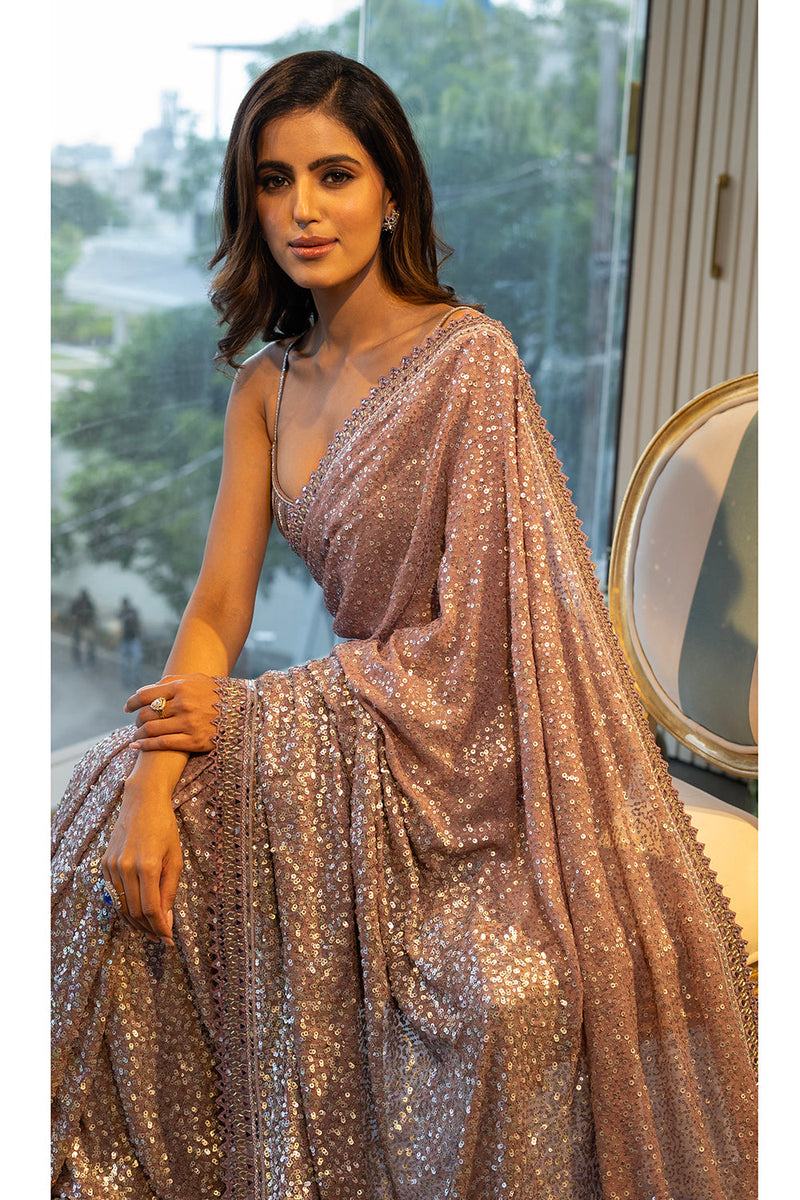 Mauve silver sequins saree