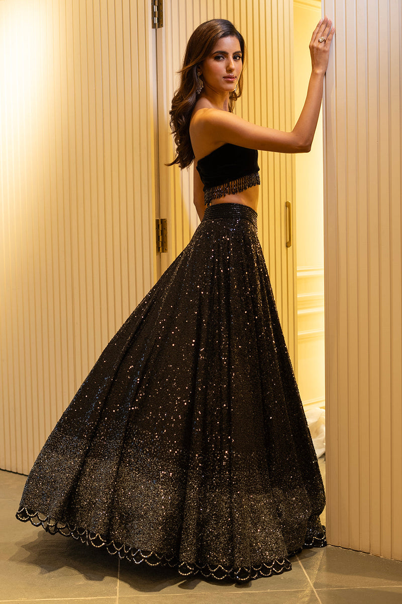 Grey to black ombre sequins lehenga