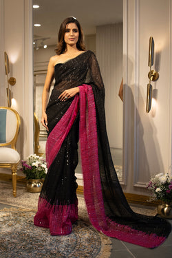 Black to hot pink  sequins handloom organza saree