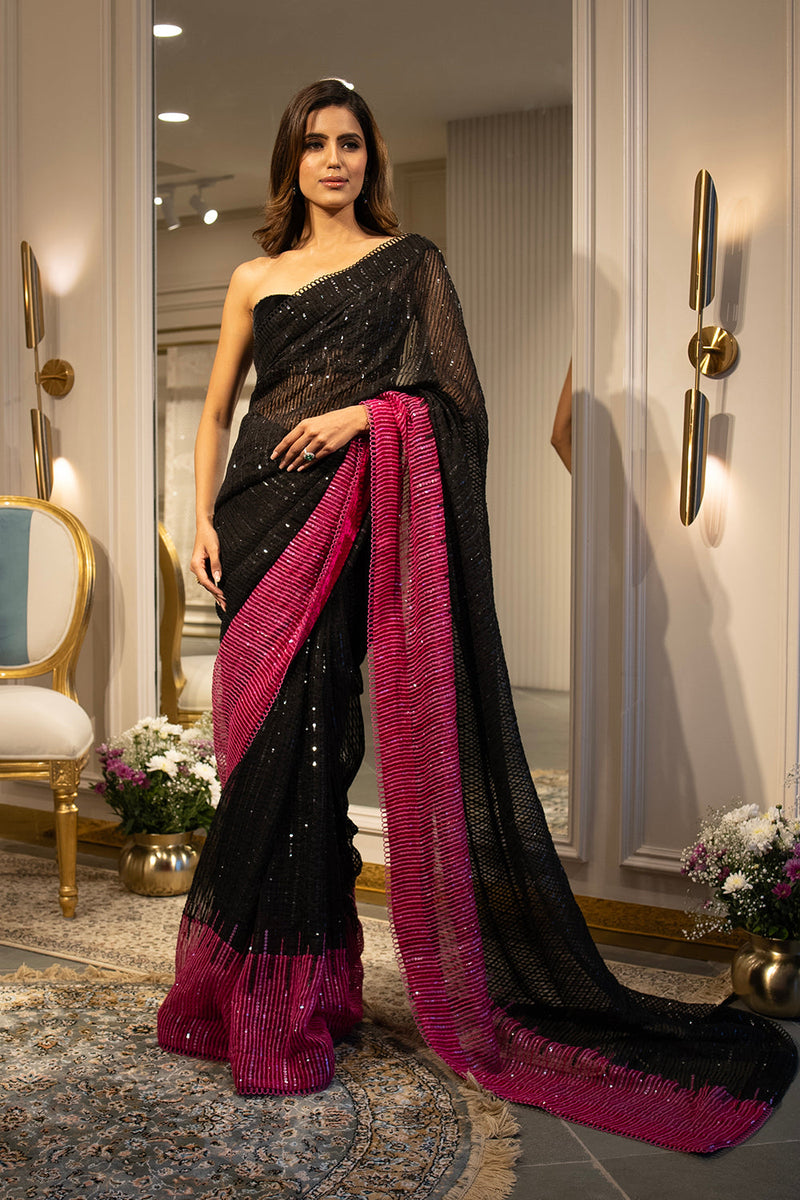 Black to hot pink  sequins handloom organza saree