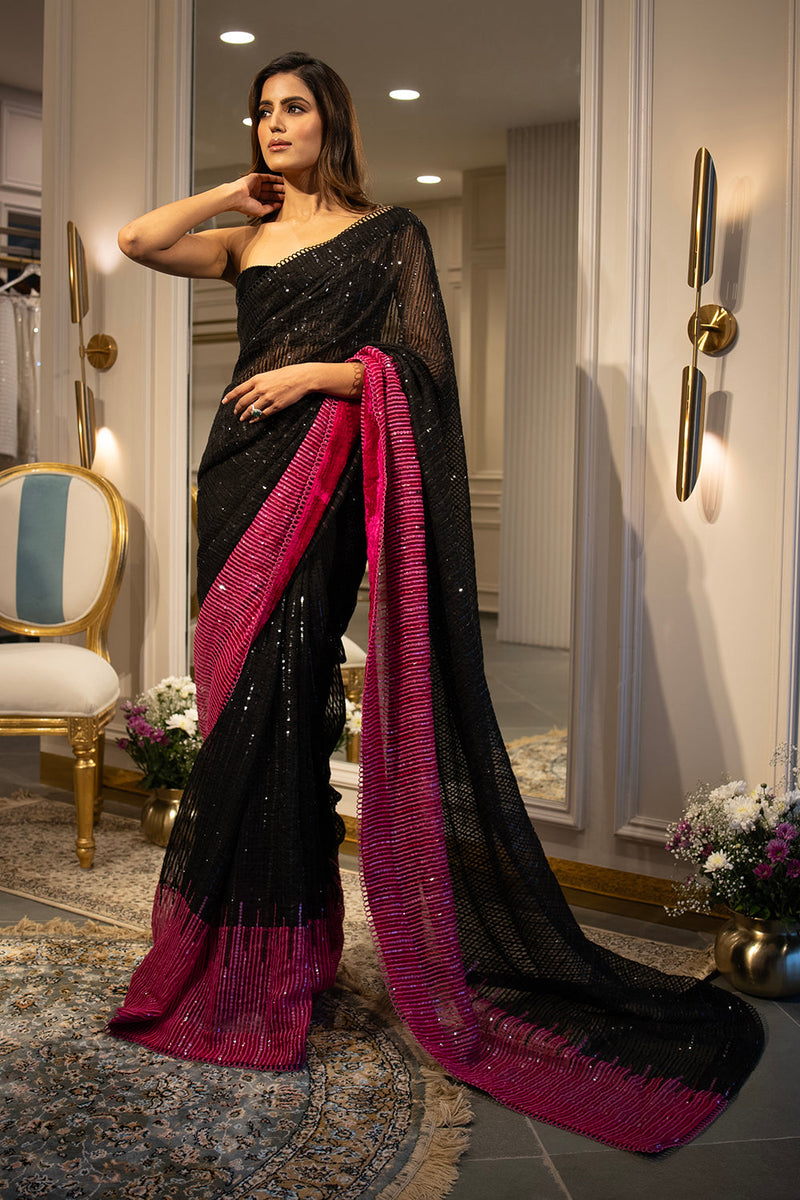 Black to hot pink  sequins handloom organza saree