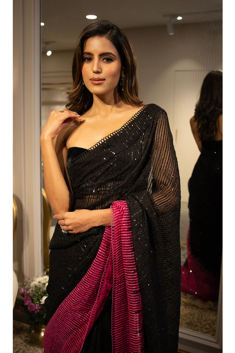 Black to hot pink  sequins handloom organza saree