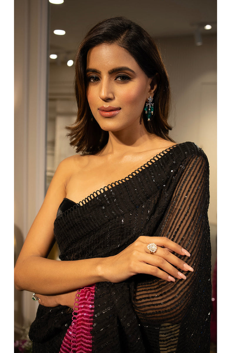 Black to hot pink  sequins handloom organza saree