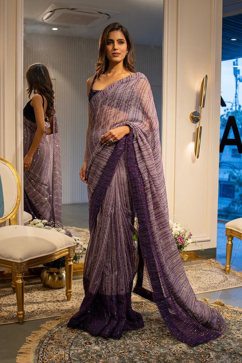 Purple ombre sequins Handloom Organza saree