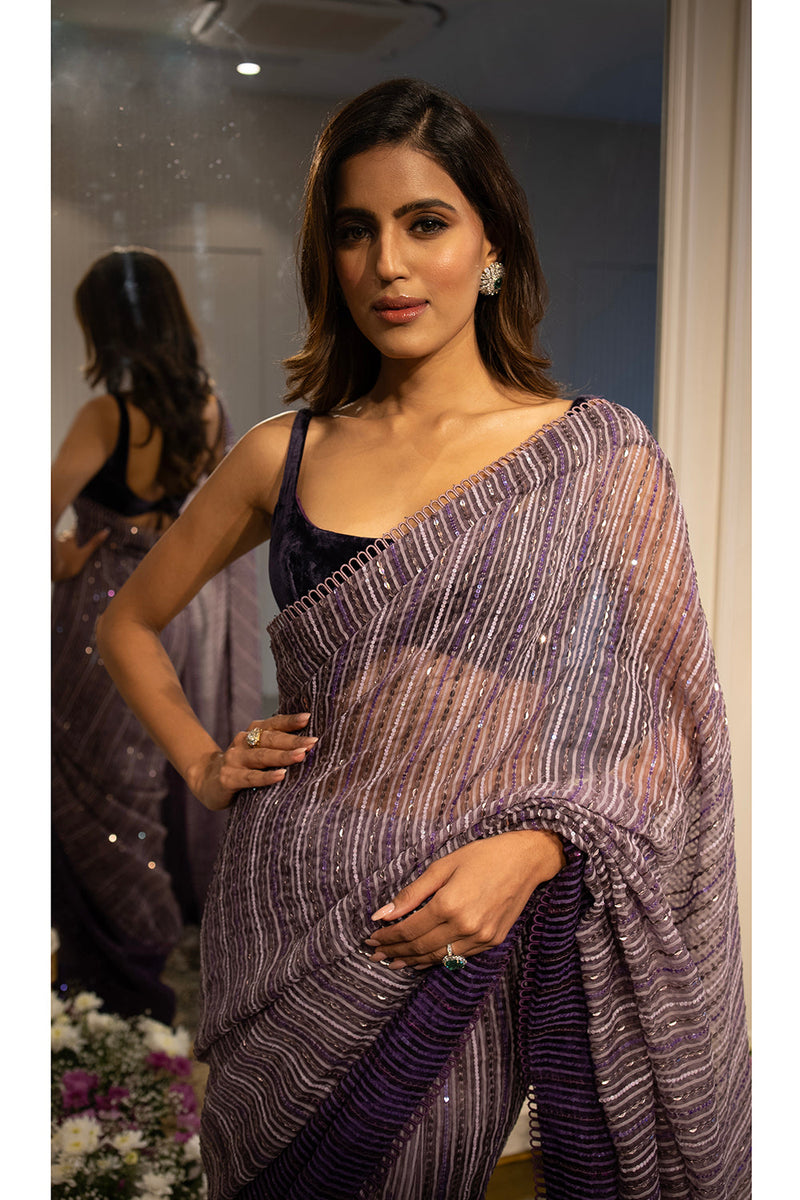 Purple ombre sequins Handloom Organza saree