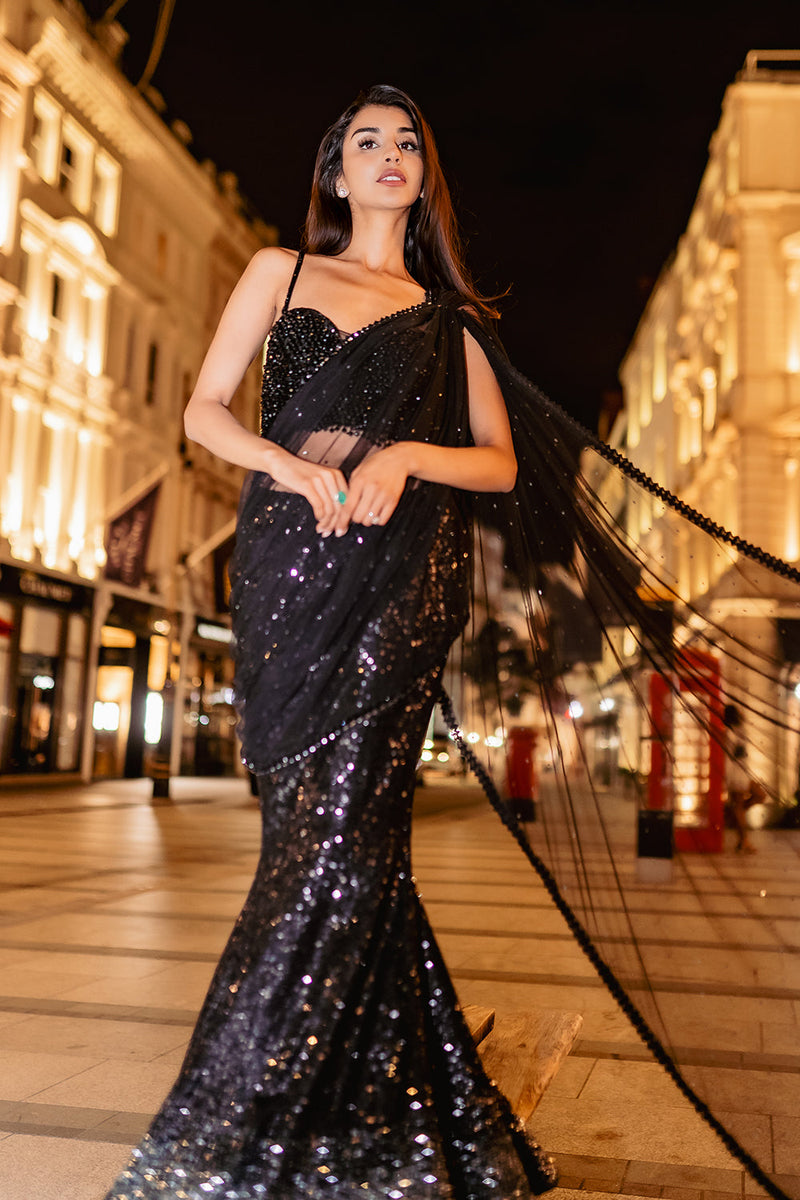 Black drape sequins saree